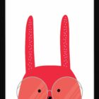 A red rabbit illustration for children printed and framed for purchase from Blackbird Design